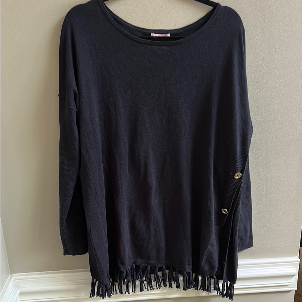 Lilly Pulitzer Ramona Sweater Navy Blue Size Large Fringe Gold Buttons